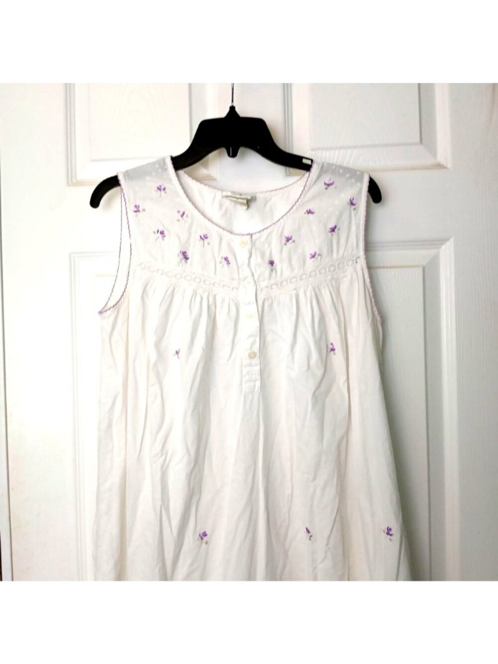 Amanda Stewart Nightgown Sz L White Sleeveless Floral Embroidered Cotton #D-46 - Picture 6 of 9